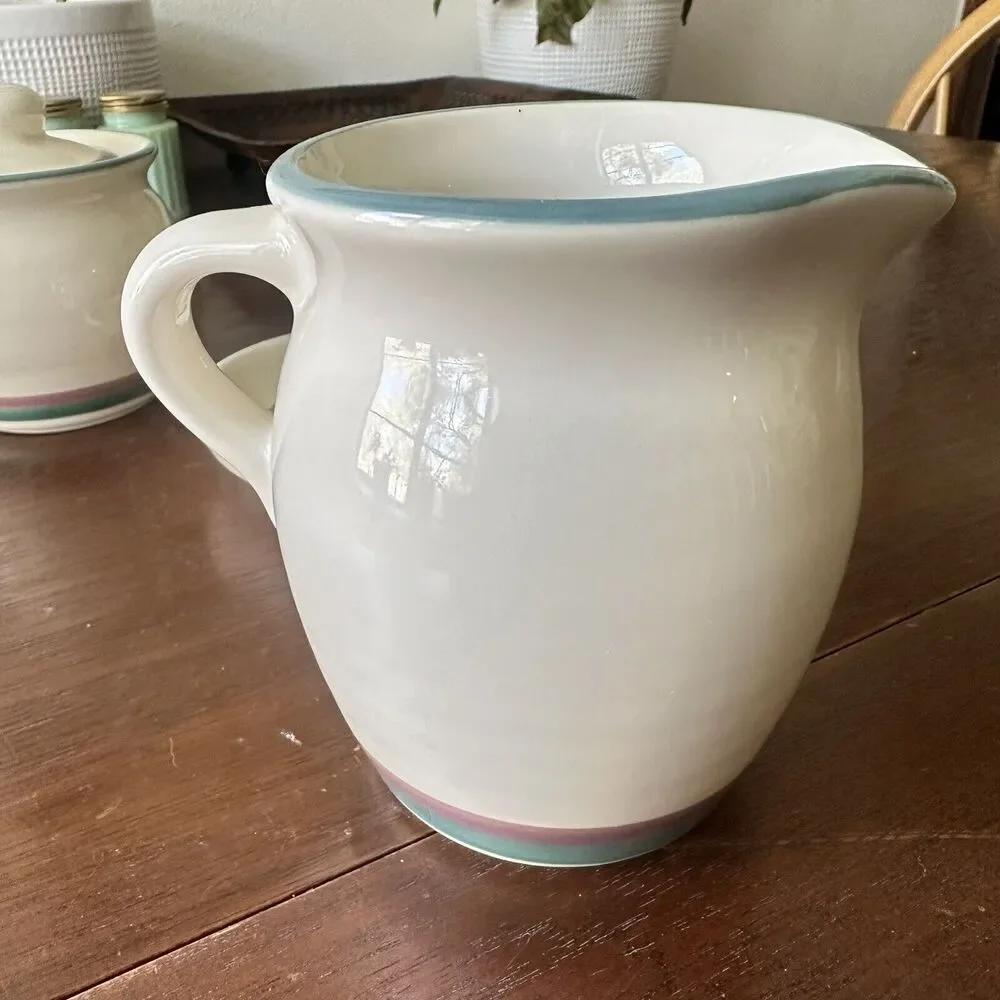 PFALTZGRAFF Juniper Creamer Sugar Bowl Spoon Rest Green Mauve Stripe‎ Vintage